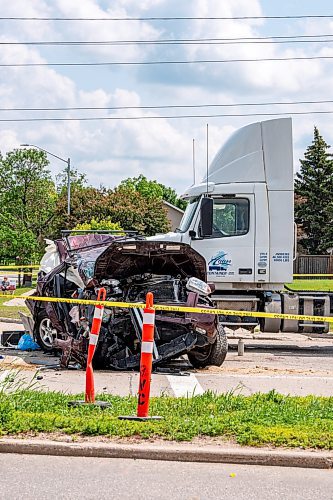 NIC ADAM / FREE PRESS
WPS at the scene of a serious motor vehicle collision on Lagimodiere Blvd and E Mint Pl that occurred around 10:20 on Friday morning. A woman was sent to hospital and is now in critical condition police say.
240705 - Friday, July 05, 2024.

Reporter: ?