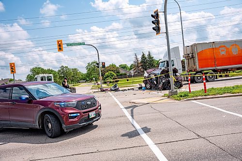 NIC ADAM / FREE PRESS
WPS at the scene of a serious motor vehicle collision on Lagimodiere Blvd and E Mint Pl that occurred around 10:20 on Friday morning. A woman was sent to hospital and is now in critical condition police say.
240705 - Friday, July 05, 2024.

Reporter: ?