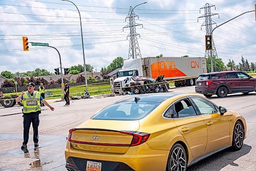 NIC ADAM / FREE PRESS
WPS at the scene of a serious motor vehicle collision on Lagimodiere Blvd and E Mint Pl that occurred around 10:20 on Friday morning. A woman was sent to hospital and is now in critical condition police say.
240705 - Friday, July 05, 2024.

Reporter: ?