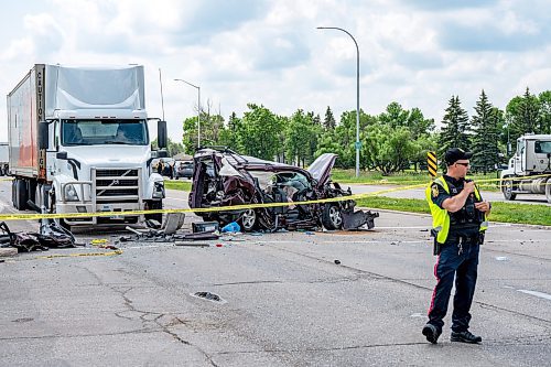 NIC ADAM / FREE PRESS
WPS at the scene of a serious motor vehicle collision on Lagimodiere Blvd and E Mint Pl that occurred around 10:20 on Friday morning. A woman was sent to hospital and is now in critical condition police say.
240705 - Friday, July 05, 2024.

Reporter: ?