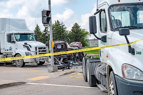 NIC ADAM / FREE PRESS
WPS at the scene of a serious motor vehicle collision on Lagimodiere Blvd and E Mint Pl that occurred around 10:20 on Friday morning. A woman was sent to hospital and is now in critical condition police say.
240705 - Friday, July 05, 2024.

Reporter: ?