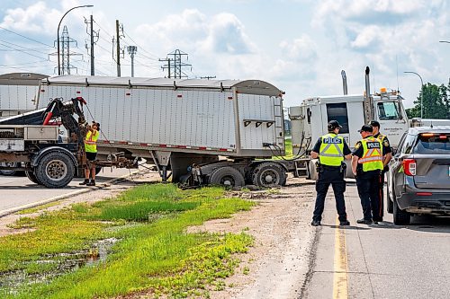 NIC ADAM / FREE PRESS
WPS at the scene of a serious motor vehicle collision on Lagimodiere Blvd and E Mint Pl that occurred around 10:20 on Friday morning. A woman was sent to hospital and is now in critical condition police say.
240705 - Friday, July 05, 2024.

Reporter: ?