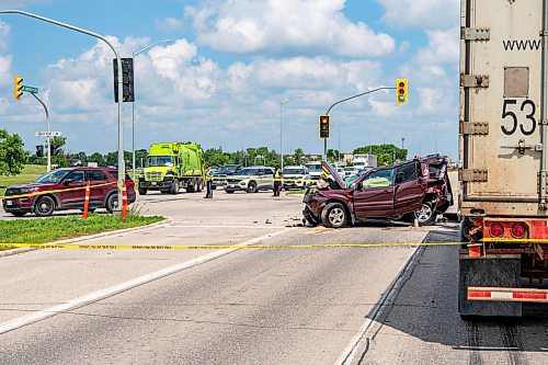 NIC ADAM / FREE PRESS
WPS at the scene of a serious motor vehicle collision on Lagimodiere Blvd and E Mint Pl that occurred around 10:20 on Friday morning. A woman was sent to hospital and is now in critical condition police say.
240705 - Friday, July 05, 2024.

Reporter: ?