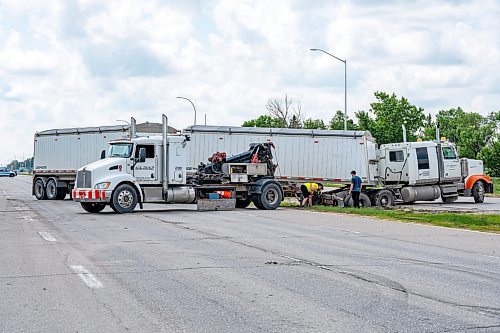 NIC ADAM / FREE PRESS
WPS at the scene of a serious motor vehicle collision on Lagimodiere Blvd and E Mint Pl that occurred around 10:20 on Friday morning. A woman was sent to hospital and is now in critical condition police say.
240705 - Friday, July 05, 2024.

Reporter: ?