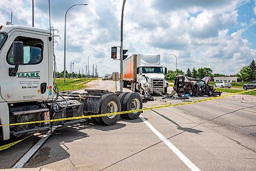 NIC ADAM / FREE PRESS
WPS at the scene of a serious motor vehicle collision on Lagimodiere Blvd and E Mint Pl that occurred around 10:20 on Friday morning. A woman was sent to hospital and is now in critical condition police say.
240705 - Friday, July 05, 2024.

Reporter: ?