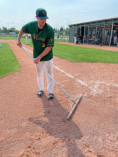 Virden Oilers pitcher Keifer Johnston prepares the plate for an evening visit by the Wawanesa Brewers on Sunday in South West Baseball League action. (Jules Xavier/The Brandon Sun)