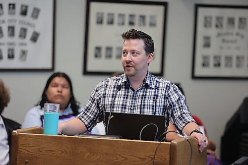 Accounting manager Troy Tripp discusses a proposed debenture of $3.5 million to help pay for upgrades to the Sportsplex during a public hearing during Brandon City Council's Monday meeting. (Colin Slark/The Brandon Sun)