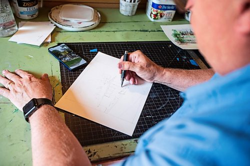 MIKAELA MACKENZIE / FREE PRESS

Artist (and art teacher by day) Tim Toews draws in his backyard studio on Monday, July 8, 2024. His ink and wash paintings of the Winnipeg are tiny masterpieces, crammed full of detail in a tight 8x8 space.

For AV story.

