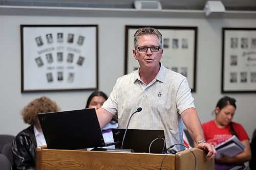 Brandon's general manager of operations Mark Allard explains potential options for water affordability programs at Monday's Brandon City Council meeting. (Colin Slark/The Brandon Sun)