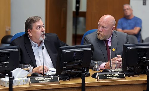 Ward 7 Coun. Shawn Berry (left) and Ward 10 Coun. Tyson Tame (right) were on opposite sides of the debate over proposed changes to the city's zoning bylaws on Tuesday. Berry said he didn't want residents to lose their say by eliminating some types of public hearings while Tame said the changes would give voice to those without homes. (Colin Slark/The Brandon Sun)