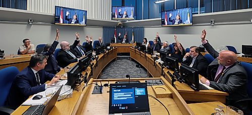 Brandon City Council votes on changes to the city's zoning bylaw on Tuesday that will eliminate public hearings for the construction of triplexes and fourplexes in some circumstances along with other changes. Only councillors Shawn Berry (Ward 7) and Greg Hildebrand (Ward 5) voted against the changes. (Colin Slark/The Brandon Sun)