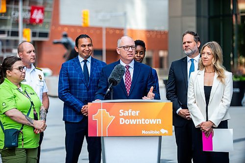 MIKAELA MACKENZIE / FREE PRESS

Mayor Scott Gillingham and other stakeholders make an announcement on improving downtown safety at a press conference at True North Square on Tuesday, July 9, 2024. 

For Chris story.

