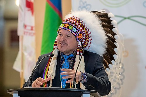 BROOK JONES / FREE PRESS
Southern Chiefs' Organization Grand Chief Jerry Daniels speaks during a funding announcement for the Wehwehneh Bahgahkinahgohn Project at the site of the former Hudson's Bay Company building in downtown Winnipeg, Man., Friday, May 24, 2024. Infrastructure Canada is investing $25 million  while PrairiesCan is investing $6 million for the redevelopment of the former Hudson&#x2019;s Bay building into a housing and cultural hub for Indigenous people.