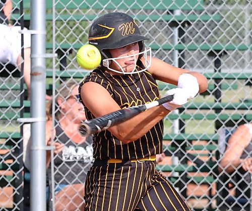 Westman Magic hitter Ivy Fry of Wawanesa (9) fouls off a pitch during the first game of a Manitoba Premier Softball League under-15 doubleheader against the Manitoba Angels on Thursday evening at Ashley Neufeld Softball Complex. (Perry Bergson/The Brandon Sun)