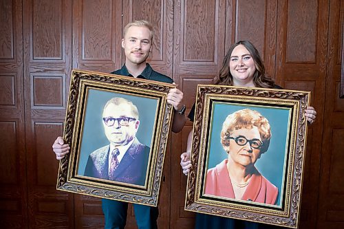 BROOK JONES / FREE PRESS
Dylan Bobrowski (left) and his sister Kayla are pictured holding portraits of their great-grandparents Henry Bobrowski (left) and Elsa (right) while standing in the boardroom at Imperial Steel at 901 Century St., in Winnipeg, Man., Thursday, July 11, 2024. The brother-sister duo are junior executives and the fourth generation at Imperial Steel.