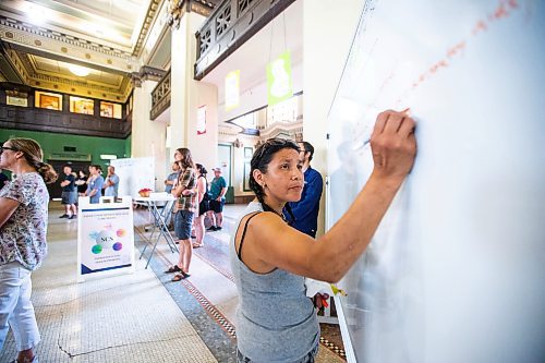 MIKAELA MACKENZIE / FREE PRESS

Peer and person with experience Dawn Lavand writes on a board seeking input at a safer consumption site announcement at the Aboriginal Health &amp; Wellness Centre on Friday, July 12, 2024. 

For Malak story.

