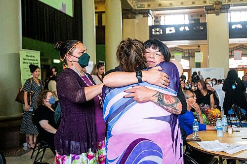 MIKAELA MACKENZIE / FREE PRESS

Minister of housing, addictions, and homelessness Bernadette Smith hugs Aboriginal Health &amp; Wellness Centre&#x573; senior director of clinical operations Monica Cyr after a safer consumption site announcement at the Aboriginal Health &amp; Wellness Centre on Friday, July 12, 2024. 

For Malak story.

