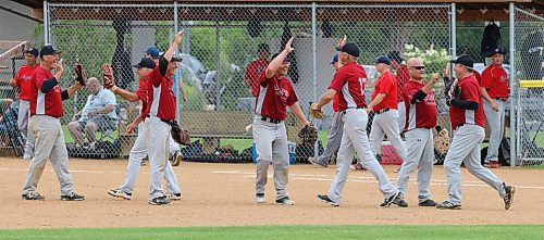 The Onanole Sporty&#x2019;s Originals celebrate their 8-7 victory over the Borderline Legends in the inaugural 50-plus Softball Manitoba masters championship in Onanole on Sunday afternoon. The Originals earned a hard-fought 8-7 victory. (Perry Bergson/The Brandon Sun)
July 14, 2024