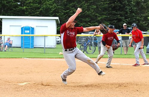 Onanole Sporty&#x2019;s Originals pitcher Dan Fedak goes airborne was he delivers the ball to the plate against the Borderline Legends during the inaugural 50-plus Softball Manitoba masters championship in Onanole on Sunday afternoon. The Originals earned a hard-fought 8-7 victory. (Perry Bergson/The Brandon Sun)
July 14, 2024