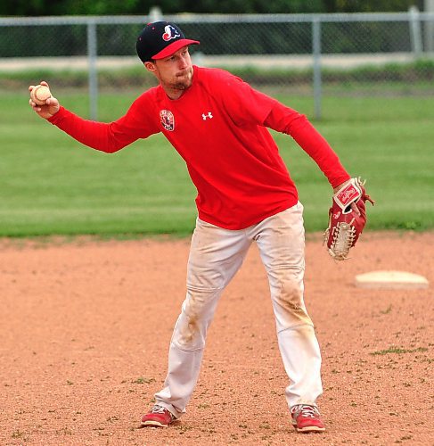 During warmup prior to his team's Sunday night South West Baseball League tilt with the visiting Oak River Dodgers, shortstop Jayce Soder fires the ball across the diamond to first baseman Logan Brennand. To date this season, Soder is batting .314, with three RBI while going 11-for-35 at the plate. (Jules Xavier/The Brandon Sun)