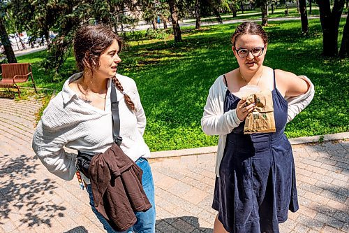 NIC ADAM / FREE PRESS
UofM nutrition student, Mikayla Dawn (left), and a classmate speak about the UofM encampment for Palestine after the press conference Monday.
240715 - Monday, July 15, 2024.

Reporter: Malak