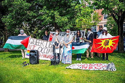 NIC ADAM / FREE PRESS
The UofM encampment for Palestine leadership held a press conference at 11:00am on Monday July 15th to discuss the impending legal action and statement issued ordering their departure from the University of Manitoba.
240715 - Monday, July 15, 2024.

Reporter: Malak