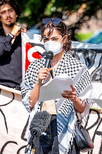 NIC ADAM / FREE PRESS
Zara, a representative of The UofM encampment for Palestine leadership, speaks at a press conference held to discuss the impending legal action and statement issued ordering their departure from the University of Manitoba.
240715 - Monday, July 15, 2024.

Reporter: Malak