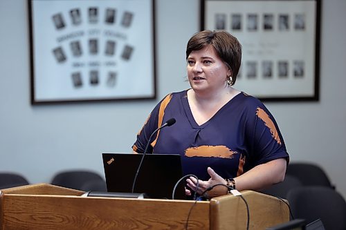 Julia Krykavska of local Ukrainian-Canadian organization Tryzub speaks about local efforts to help both people still in Ukraine and those who have come to the area after fleeing the war during a special Brandon City Council meeting on Monday. (Colin Slark/The Brandon Sun)