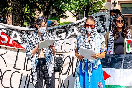 NIC ADAM / FREE PRESS
Zara (left), a representative of The UofM encampment for Palestine leadership, speaks at a press conference held to discuss the impending legal action and statement issued ordering their departure from the University of Manitoba.
240715 - Monday, July 15, 2024.

Reporter: Malak