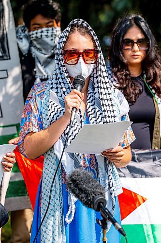 NIC ADAM / FREE PRESS
Mer Canjura, representative of The UofM encampment for Palestine leadership, speaks at a press conference held to discuss the impending legal action and statement issued ordering their departure from the University of Manitoba.
240715 - Monday, July 15, 2024.

Reporter: Malak