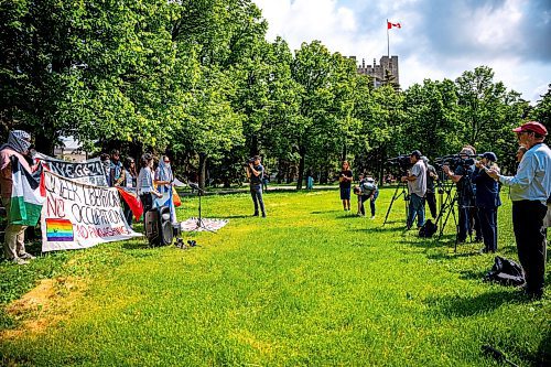 NIC ADAM / FREE PRESS
The UofM encampment for Palestine leadership held a press conference at 11:00am on Monday July 15th to discuss the impending legal action and statement issued ordering their departure from the University of Manitoba.
240715 - Monday, July 15, 2024.

Reporter: Malak