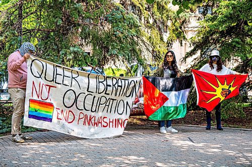 NIC ADAM / FREE PRESS
The UofM encampment for Palestine leadership held a press conference at 11:00am on Monday July 15th to discuss the impending legal action and statement issued ordering their departure from the University of Manitoba.
240715 - Monday, July 15, 2024.

Reporter: Malak