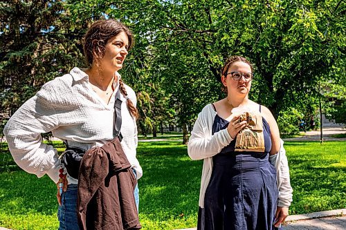 NIC ADAM / FREE PRESS
UofM nutrition student, Mikayla Dawn (left), and a classmate speak about the UofM encampment for Palestine after the press conference Monday.
240715 - Monday, July 15, 2024.

Reporter: Malak