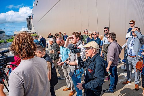 NIC ADAM / FREE PRESS
Aviation aficionados and media watch as one of Two remaining Avro Lancasters lands at the Royal Aviation Museum of Western Canada on Tuesday afternoon.
240716 - Tuesday, July 16, 2024.

Reporter: Nicole