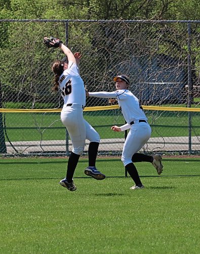 Under-19 Westman Magic fielder Lindsay Smart (16) makes a jumping catch in the outfield as her fellow fielder Anna Forbes (4) looks on earlier this season at Ashley Neufeld Softball Complex. (Perry Bergson/The Brandon Sun)
July 19, 2024