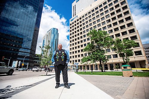 MIKAELA MACKENZIE / FREE PRESS

David Chartrand, president of the Manitoba Mtis Federation, in front their new property acquisitions on Wednesday, July 17, 2024. The MMF bought the two Bell MTS branded towers (and a parking lot) in downtown Winnipeg near Portage &amp; Main. 

For Gabby story.

