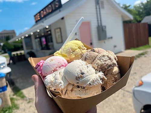 A Joe Dandy's Drive-In specialty, the Ice Cream Flight, four scoops of hard ice cream served in a cardboard dish. In this case, the four flavours included cherry cheesecake, mocha almond fudge, chocolate chip cookie dough and lavendar lemonade. Careful with this one — it's heavy! (Matt Goerzen/The Brandon Sun)