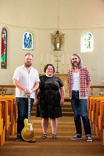 MIKAELA MACKENZIE / FREE PRESS

Joey Landreth (left), reverend Lauren Schoeck, and Dave Landreth in the sanctuary of St. Michael and All Angels&#x560;Anglican Church on Thursday, July 18, 2024. Bros Landreth music fan Mark Chipman purchased the church to give the group studio space and a home for their record label music management company (the church congregation will also continue to worship there). 

For Tyler story.