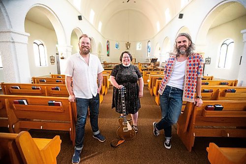 MIKAELA MACKENZIE / FREE PRESS

Joey Landreth (left), reverend Lauren Schoeck, and Dave Landreth in the sanctuary of St. Michael and All Angels&#x560;Anglican Church on Thursday, July 18, 2024. Bros Landreth music fan Mark Chipman purchased the church to give the group studio space and a home for their record label music management company (the church congregation will also continue to worship there). 

For Tyler story.