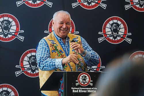 MIKE DEAL / FREE PRESS
MMF President David Chartrand, speaks during the announcement that the Manitoba M&#xe9;tis Federation (MMF), the National Government of the Red River M&#xe9;tis have made a major property acquisition in downtown Winnipeg &#x2013; the second investment of this nature in less than a year, buying the &#x201c;Bell towers&#x201d; at 333 Main Street and 191 Pioneer Ave.
See Gabrielle Piche story
240718 - Thursday, July 18, 2024.