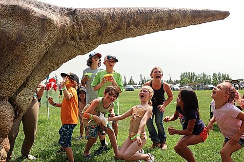 Kids interact with Stevie the Stygimoloch at the DinoMite Adventures booth during the Hamiota Agricultural Society Fair on a hot Thursday afternoon. The fair included a mini golf tournament, a Mario Kart tournament, beach volleyball and baseball, a movie night, livestock shows and a variety of other entertainment and activities. (Tim Smith/The Brandon Sun)