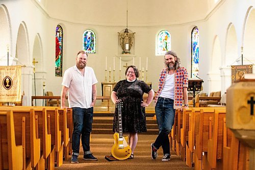 MIKAELA MACKENZIE / FREE PRESS

Joey Landreth (left), reverend Lauren Schoeck, and Dave Landreth in the sanctuary of St. Michael and All Angels&#x560;Anglican Church on Thursday, July 18, 2024. Bros Landreth music fan Mark Chipman purchased the church to give the group studio space and a home for their record label music management company (the church congregation will also continue to worship there). 

For Tyler story.