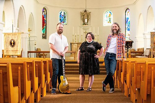 MIKAELA MACKENZIE / FREE PRESS

Joey Landreth (left), reverend Lauren Schoeck, and Dave Landreth in the sanctuary of St. Michael and All Angels&#x560;Anglican Church on Thursday, July 18, 2024. Bros Landreth music fan Mark Chipman purchased the church to give the group studio space and a home for their record label music management company (the church congregation will also continue to worship there). 

For Tyler story.