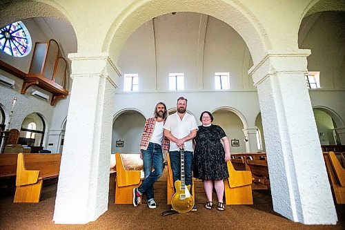 MIKAELA MACKENZIE / FREE PRESS

Dave Landreth (left), Joey Landreth, and reverend Lauren Schoeck in the sanctuary of St. Michael and All Angels&#x560;Anglican Church on Thursday, July 18, 2024. Bros Landreth music fan Mark Chipman purchased the church to give the group studio space and a home for their record label music management company (the church congregation will also continue to worship there). 

For Tyler story.