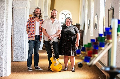 MIKAELA MACKENZIE / FREE PRESS

Dave Landreth (left), Joey Landreth, and reverend Lauren Schoeck in the sanctuary of St. Michael and All Angels&#x560;Anglican Church on Thursday, July 18, 2024. Bros Landreth music fan Mark Chipman purchased the church to give the group studio space and a home for their record label music management company (the church congregation will also continue to worship there). 

For Tyler story.