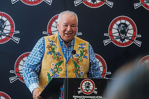 MIKE DEAL / FREE PRESS
MMF President David Chartrand, speaks during the announcement that the Manitoba M&#xe9;tis Federation (MMF), the National Government of the Red River M&#xe9;tis have made a major property acquisition in downtown Winnipeg &#x2013; the second investment of this nature in less than a year, buying the &#x201c;Bell towers&#x201d; at 333 Main Street and 191 Pioneer Ave.
See Gabrielle Piche story
240718 - Thursday, July 18, 2024.