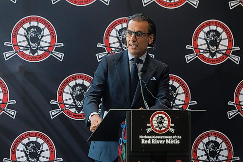 MIKE DEAL / FREE PRESS
Samir Manji the CEO and President of Artis REIT, speaks during the announcement that the Manitoba M&#xe9;tis Federation (MMF), the National Government of the Red River M&#xe9;tis have made a major property acquisition in downtown Winnipeg &#x2013; the second investment of this nature in less than a year, buying the &#x201c;Bell towers&#x201d; at 333 Main Street and 191 Pioneer Ave.
See Gabrielle Piche story
240718 - Thursday, July 18, 2024.