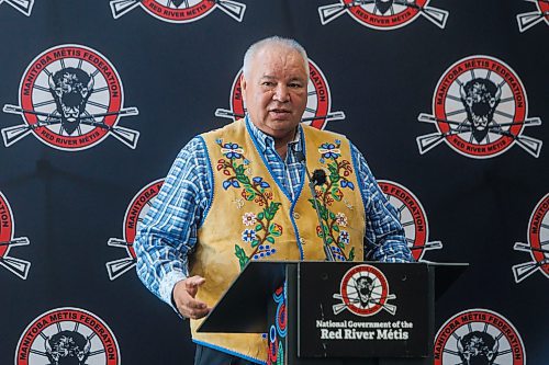 MIKE DEAL / FREE PRESS
MMF President David Chartrand, speaks during the announcement that the Manitoba M&#xe9;tis Federation (MMF), the National Government of the Red River M&#xe9;tis have made a major property acquisition in downtown Winnipeg &#x2013; the second investment of this nature in less than a year, buying the &#x201c;Bell towers&#x201d; at 333 Main Street and 191 Pioneer Ave.
See Gabrielle Piche story
240718 - Thursday, July 18, 2024.