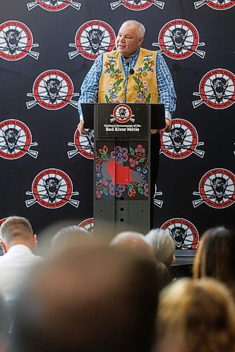 MIKE DEAL / FREE PRESS
MMF President David Chartrand, speaks during the announcement that the Manitoba M&#xe9;tis Federation (MMF), the National Government of the Red River M&#xe9;tis have made a major property acquisition in downtown Winnipeg &#x2013; the second investment of this nature in less than a year, buying the &#x201c;Bell towers&#x201d; at 333 Main Street and 191 Pioneer Ave.
See Gabrielle Piche story
240718 - Thursday, July 18, 2024.