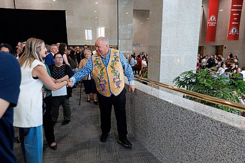 MIKE DEAL / FREE PRESS
MMF President David Chartrand arrives for the announcement that the Manitoba M&#xe9;tis Federation (MMF), the National Government of the Red River M&#xe9;tis have made a major property acquisition in downtown Winnipeg &#x2013; the second investment of this nature in less than a year, buying the &#x201c;Bell towers&#x201d; at 333 Main Street and 191 Pioneer Ave.
See Gabrielle Piche story
240718 - Thursday, July 18, 2024.